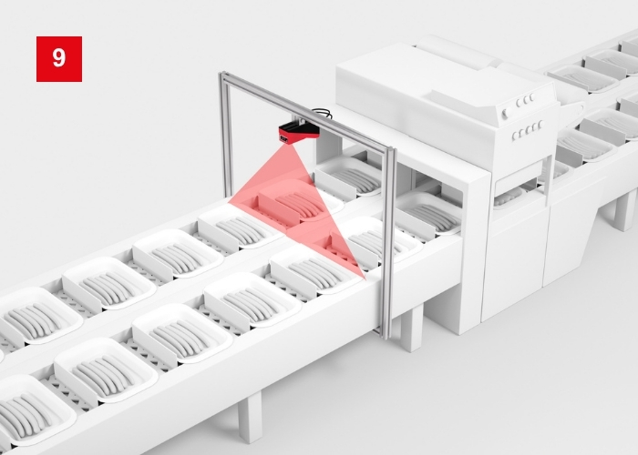Lichtschnittsensor LRS zur Befüllungskontrolle von Tray-Schalen in Verpackungsmaschine