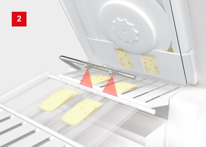 Hygienetauglicher Lichttaster HT53 mit Laserlinie zur Erkennung von runden Produktvorderkanten in Transport und Schneidemaschinen